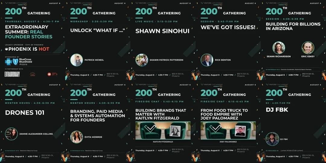 Ten of the social posts made for Venture Café Phoenix's 200th Thursday Gathering on August 6, 2026