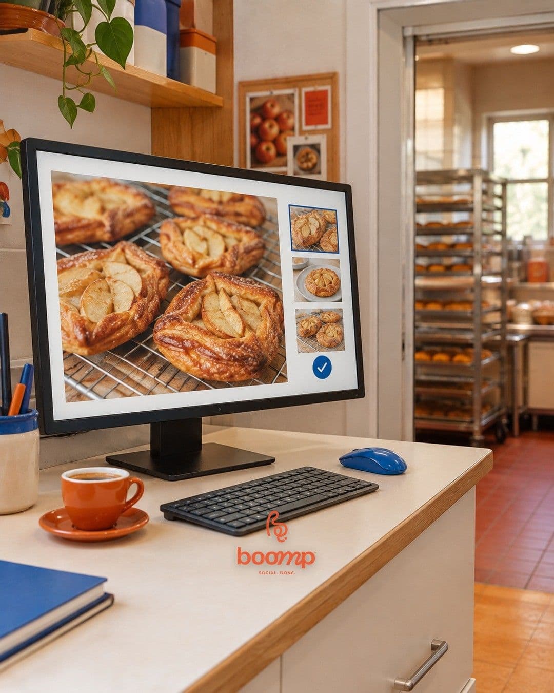 A bakery desk with photos of pastries ready for review.