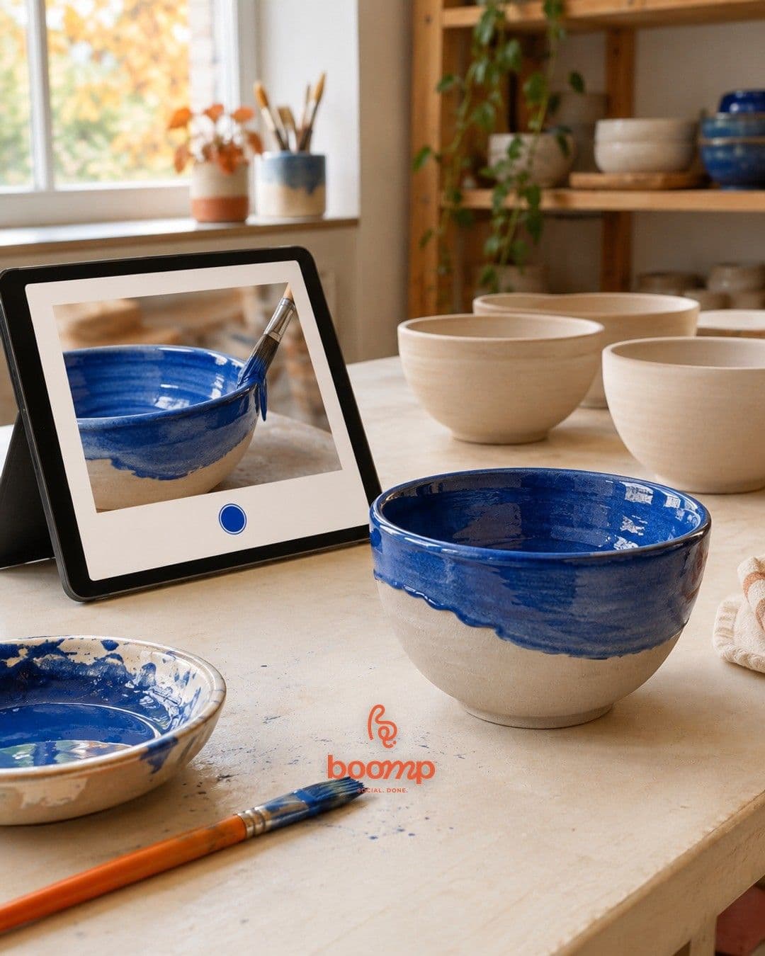 A blue pottery bowl and its photo on a tablet in a ceramics studio.