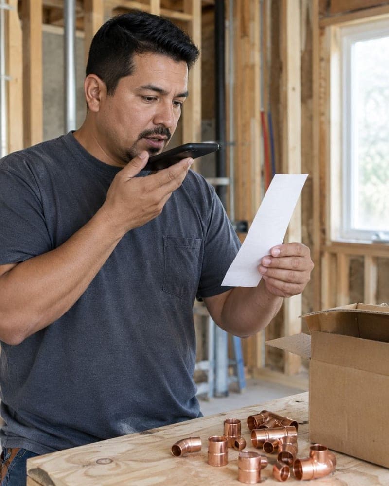 A contractor reading a receipt aloud into his phone beside copper pipe fittings, made for a website preview.