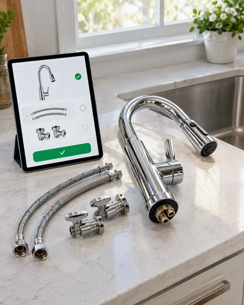 A faucet, hoses and valves beside a tablet showing a checked parts list, made for a website preview.