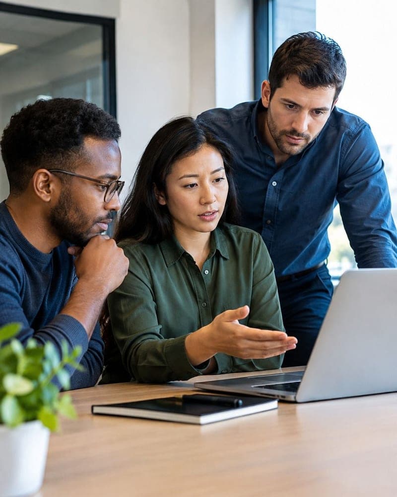 Three colleagues looking at a laptop together in a bright office, made for a website preview.