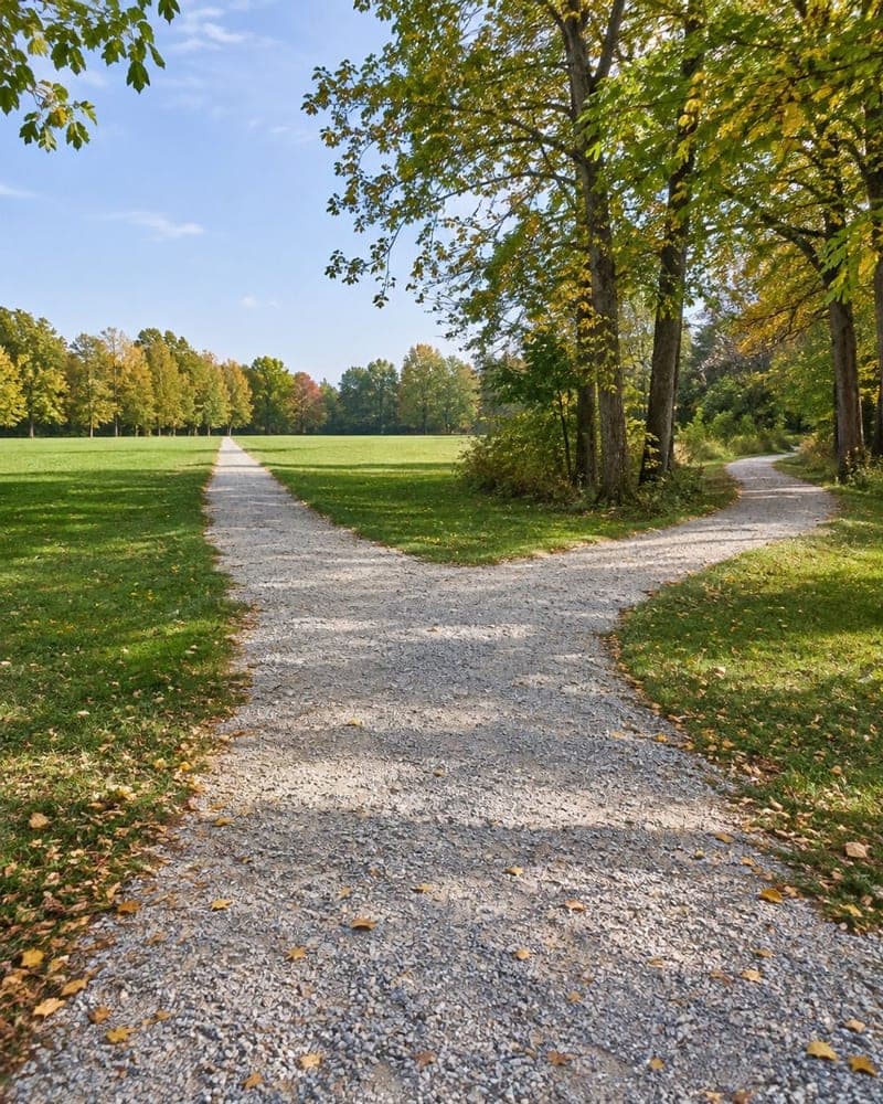 A gravel path forking through a park in autumn, made for a website preview.
