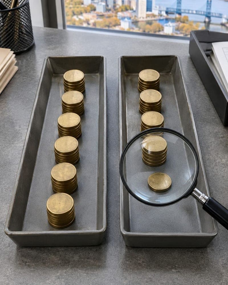 Two trays of stacked gold coins, one with a magnifying glass, made for a website preview.