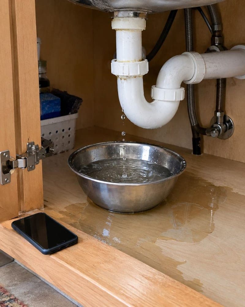 Water dripping from a sink pipe into a metal bowl, with a phone on the cabinet floor, made for a website preview.