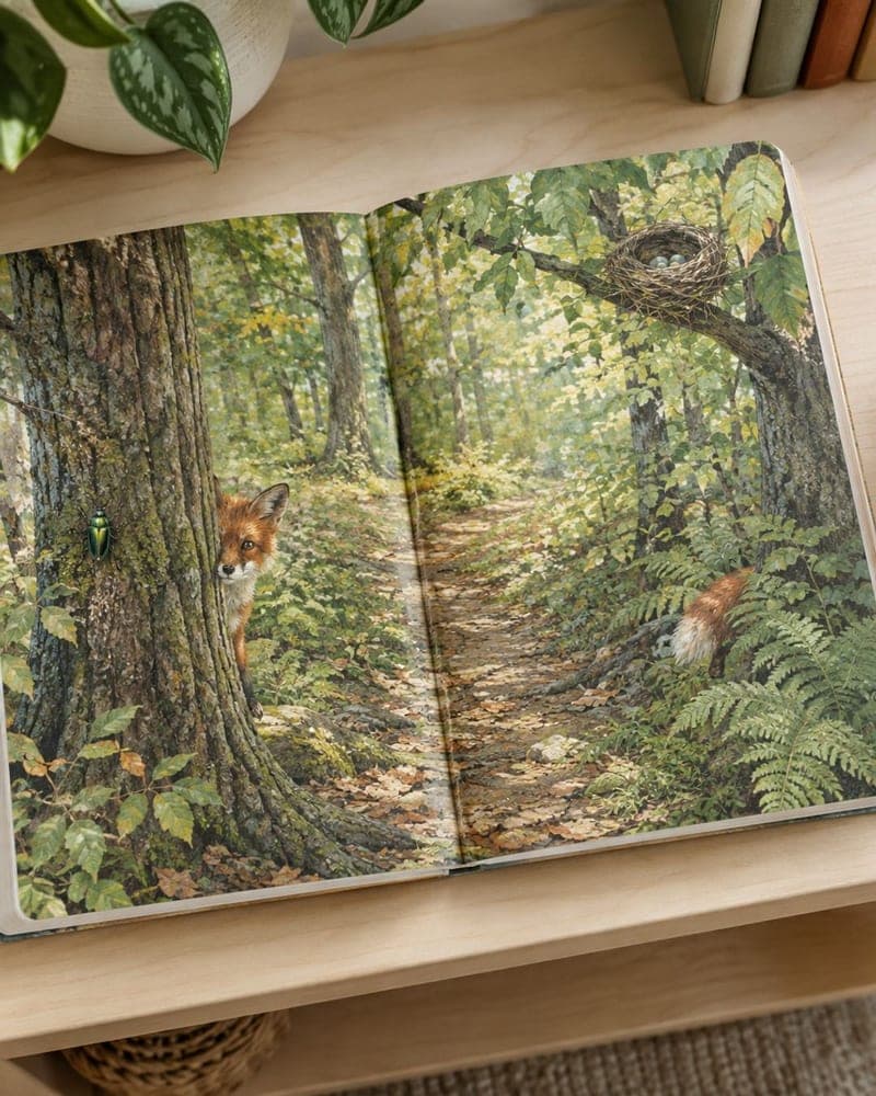 An open illustrated children's book showing a fox peeking out from behind a tree, made for a website preview.