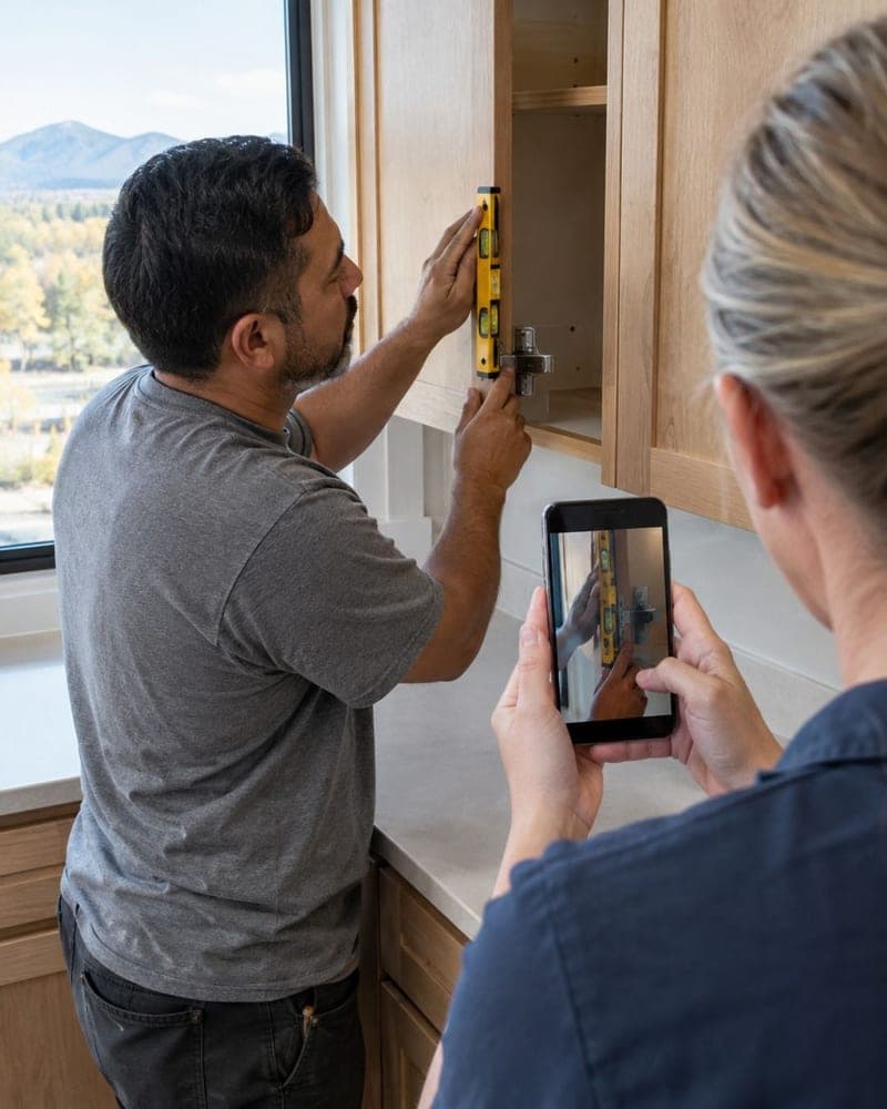 A contractor checking a cabinet with a level while a person photographs the work with a phone, made for a website preview.