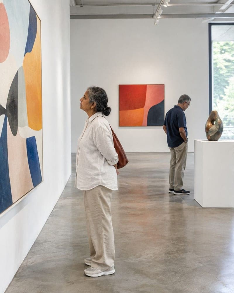 Two visitors looking at art in a bright gallery, made for a website preview.