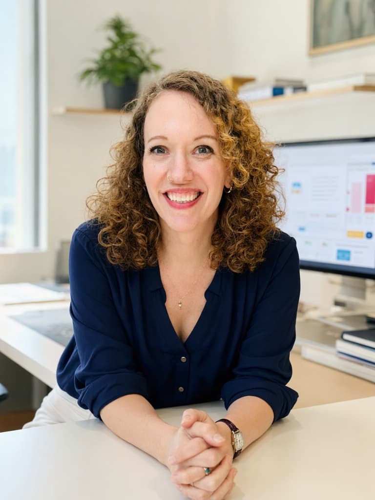 Kathleen Celmins, founder of Boomp, smiling at her desk
