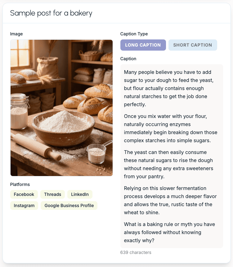 Sample social media post created by Boomp for a bakery