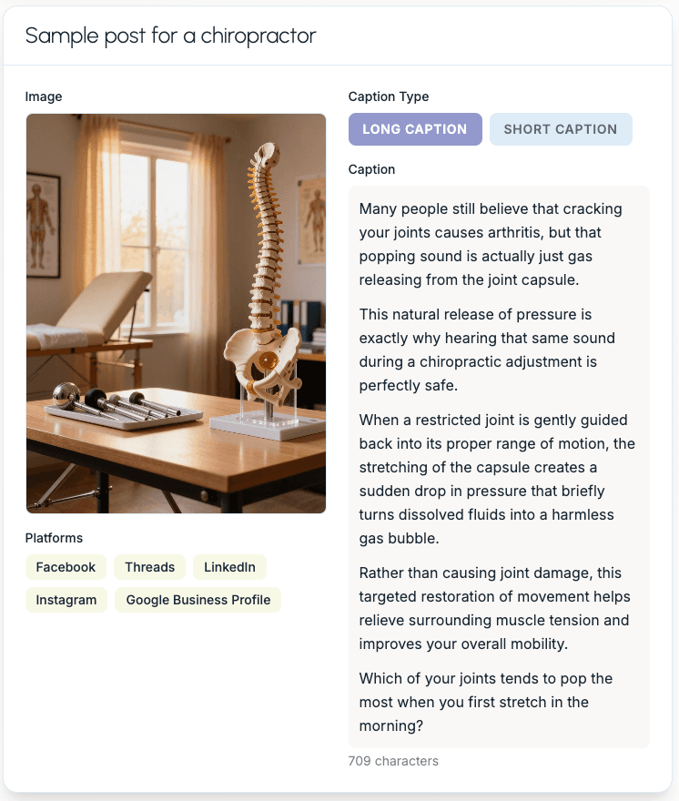 Sample social media post created by Boomp for a chiropractor