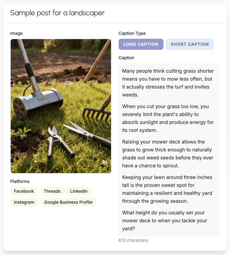 Sample social media post created by Boomp for a landscaping business