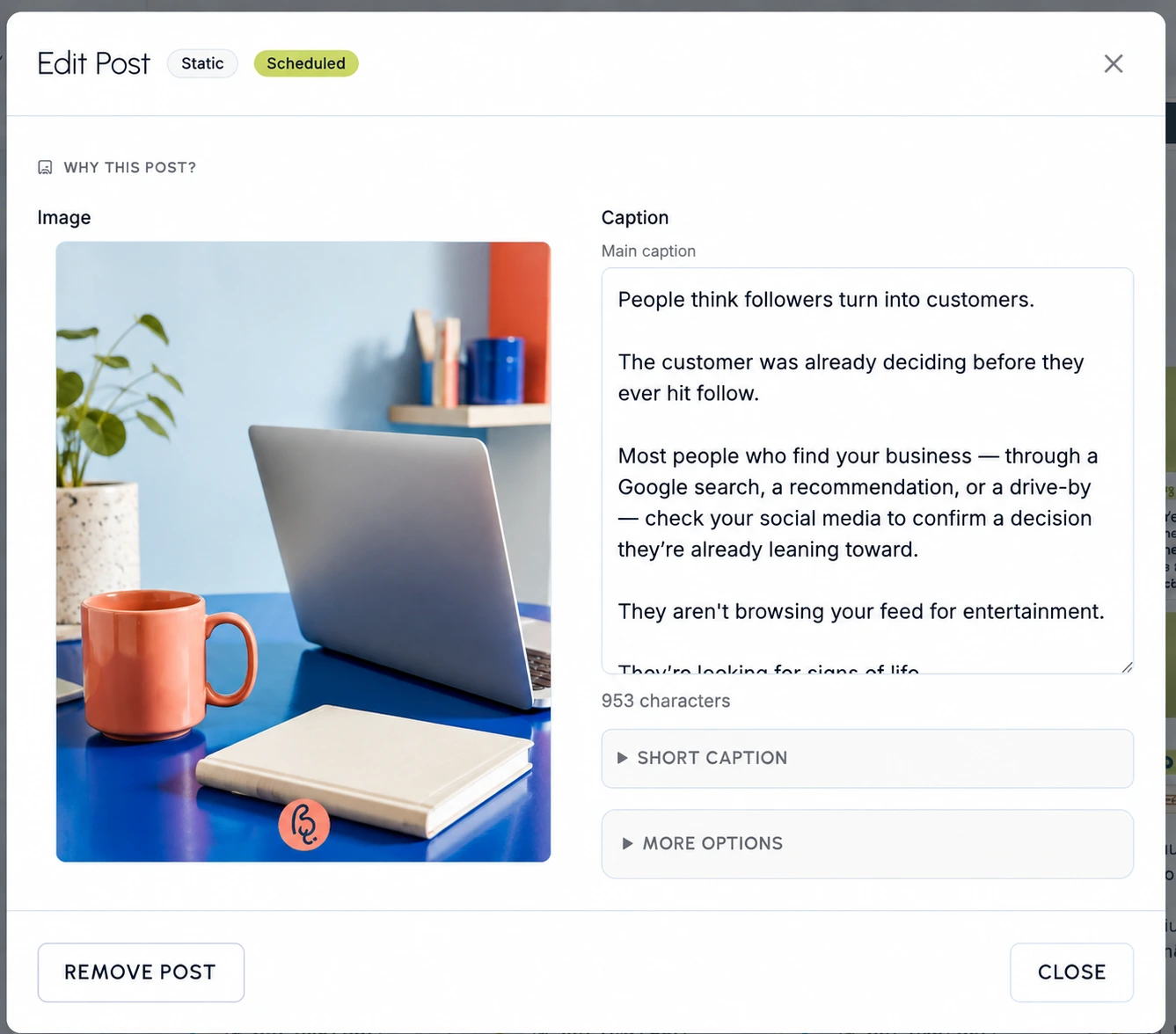 Boomp post review modal with caption and image editing controls