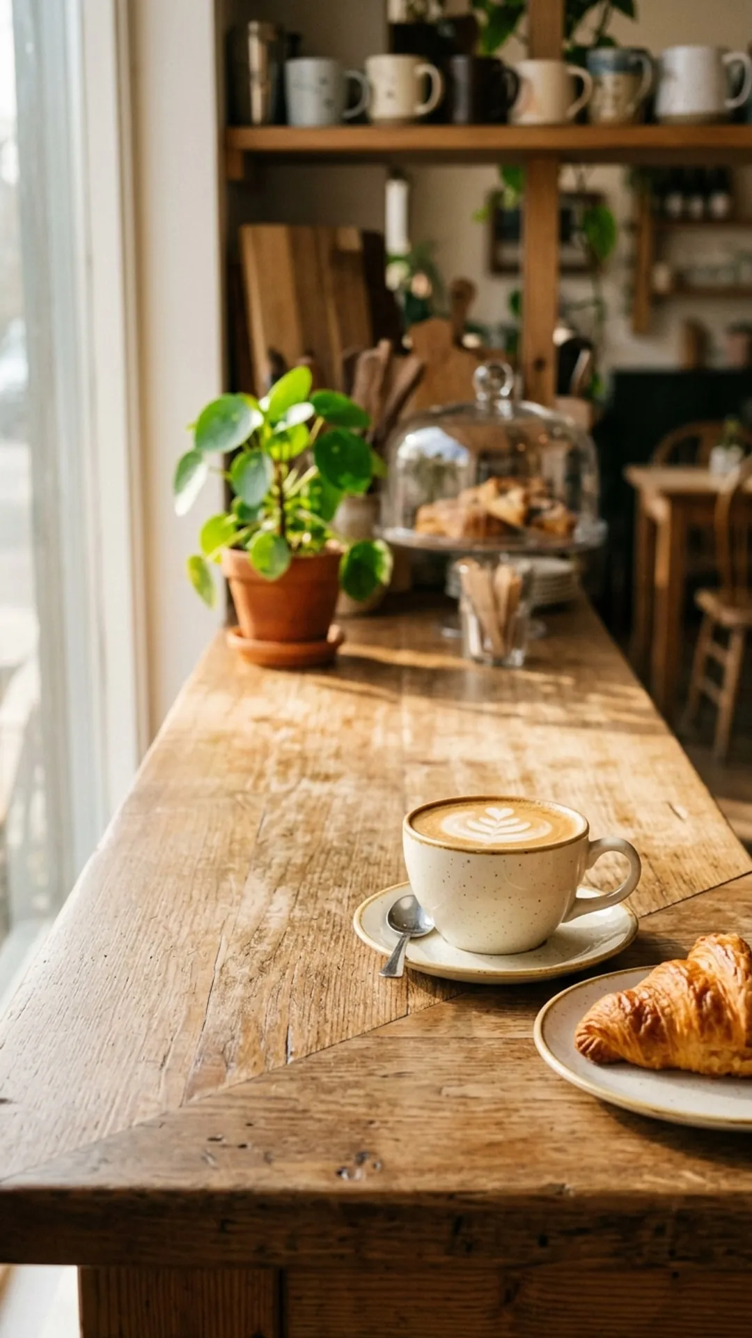 Sample social post image of a sunlit cafe table with coffee and a croissant