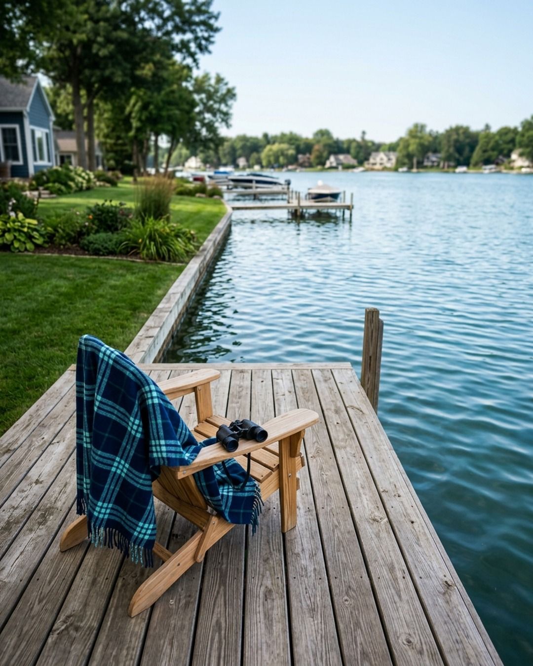 A wooden dock with a chair and a blanket, looking out over a lake.