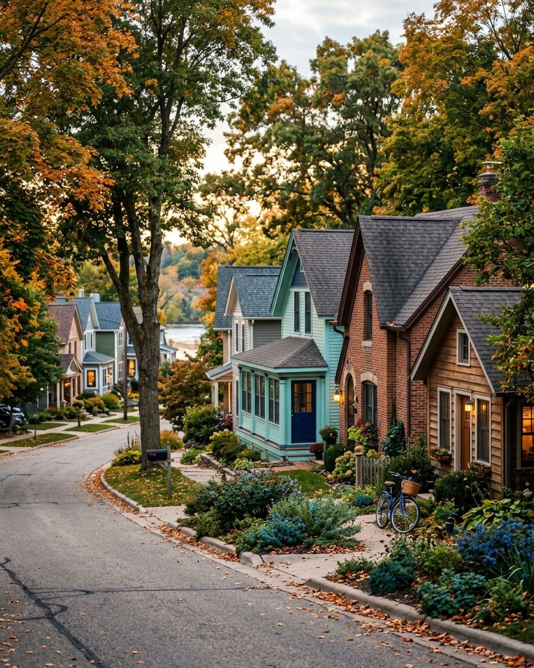A tree-lined street of small lakeside houses in autumn.