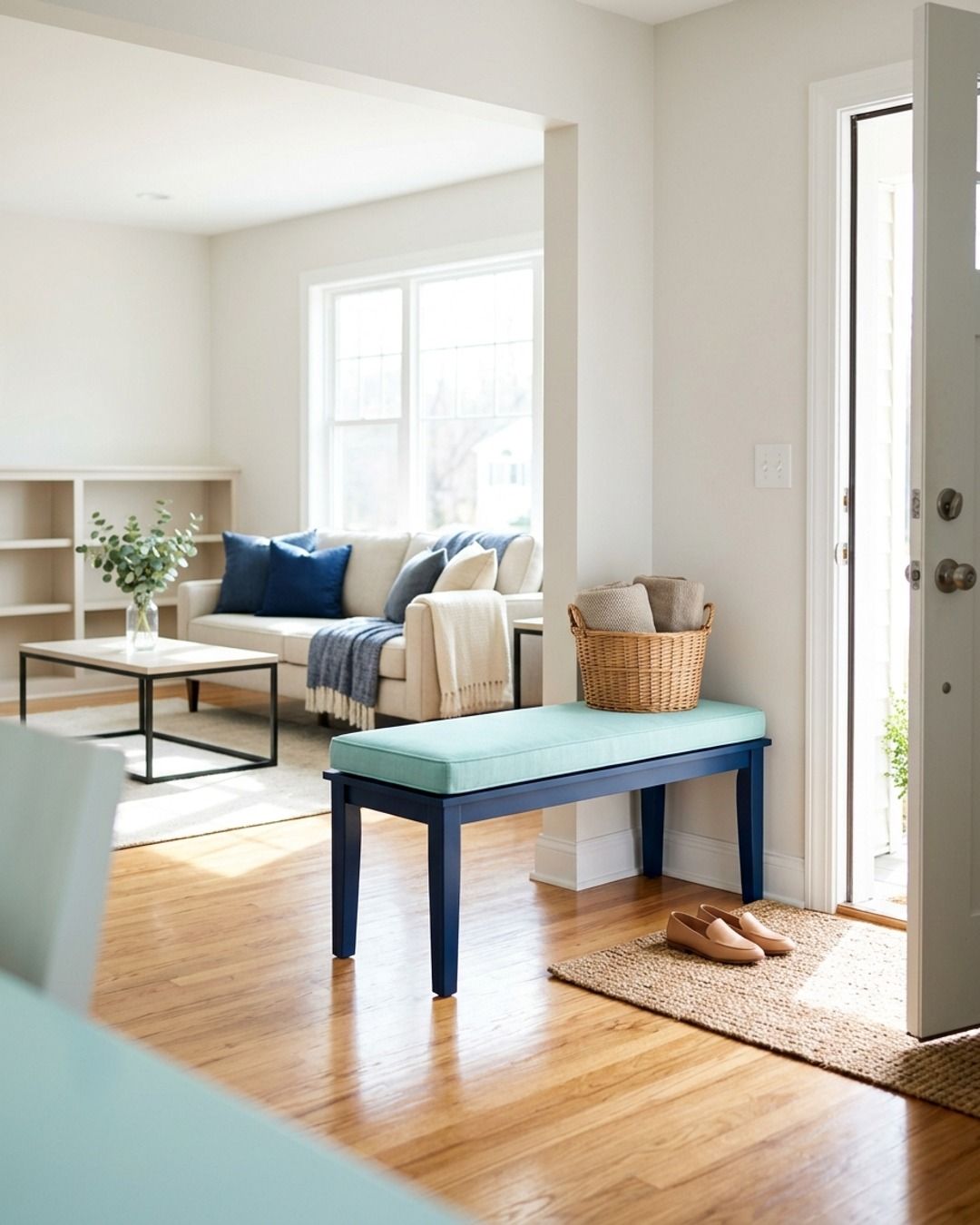A bright, cleared entryway and living room with the front door open.