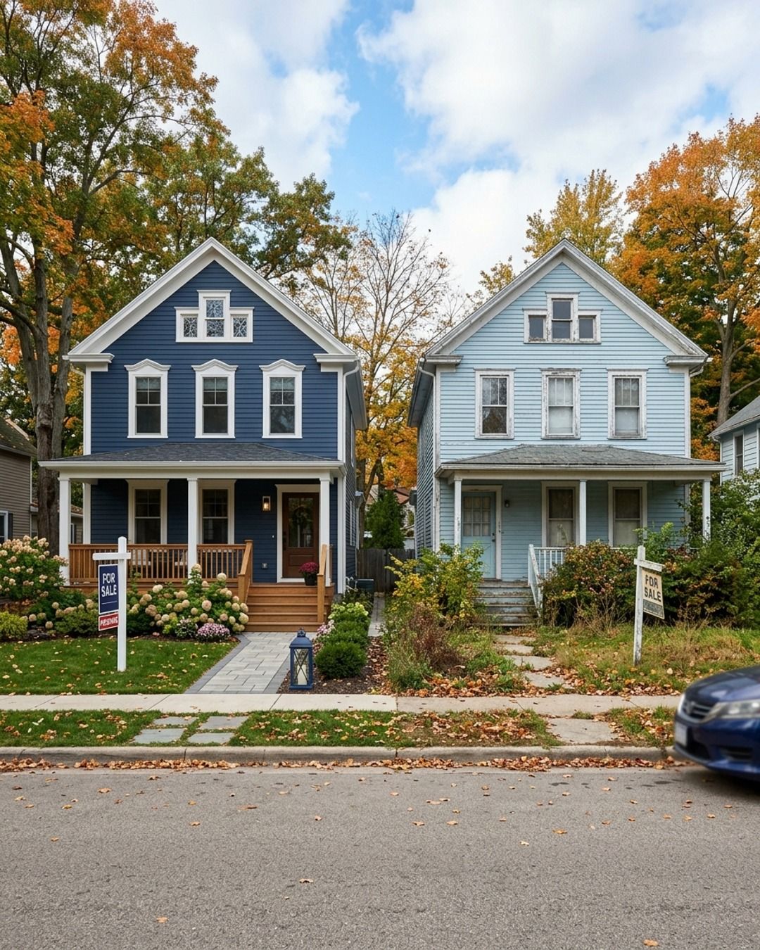Two similar houses side by side, one freshly kept and one tired, both for sale.