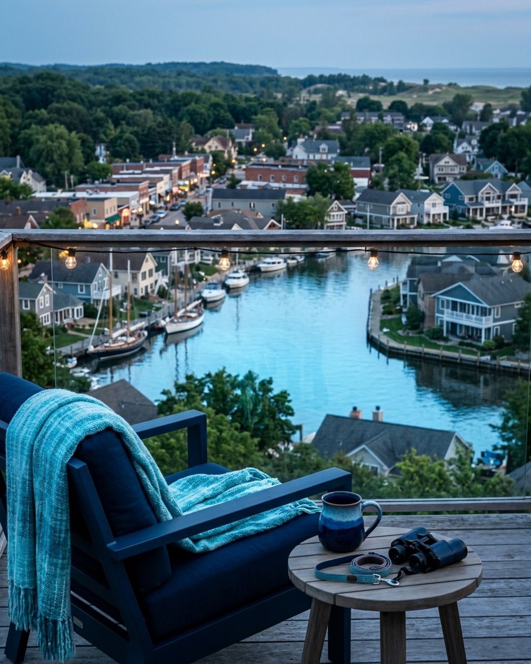 A deck chair overlooking a harbor town at dusk.